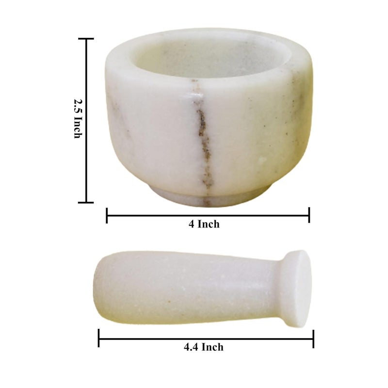 KunhaR Natural White Marble Mortar and Pestle Set Imam Dasta Ohkli Musal Kharal 4 x 25 Inches White Half Polish - Image 2