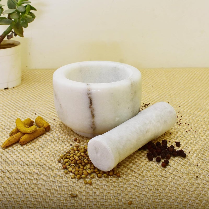 KunhaR Natural White Marble Mortar and Pestle Set Imam Dasta Ohkli Musal Kharal 4 x 25 Inches White Half Polish - Image 1