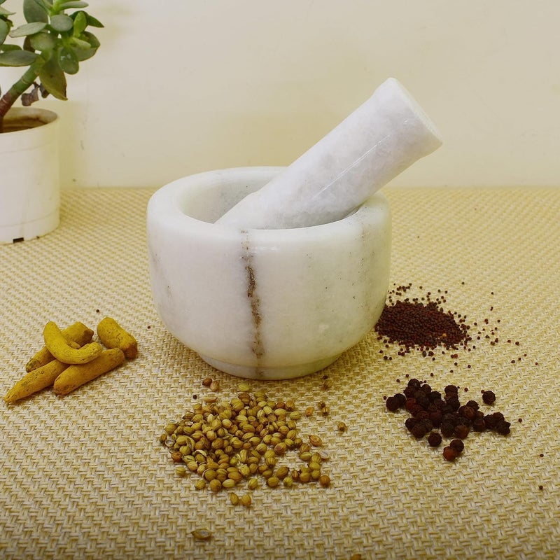 KunhaR Natural White Marble Mortar and Pestle Set Imam Dasta Ohkli Musal Kharal 4 x 25 Inches White Half Polish - Image 3