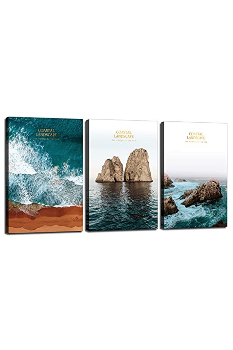 KAWAHONE Ocean Beach Canvas Wall Art, Deep Blue Ocean Beach Rock and Sea Poster Framed, Canvas Painting Printing Picture for Office Home Living Room, 12" x 16" x 3 PCS - Image 2