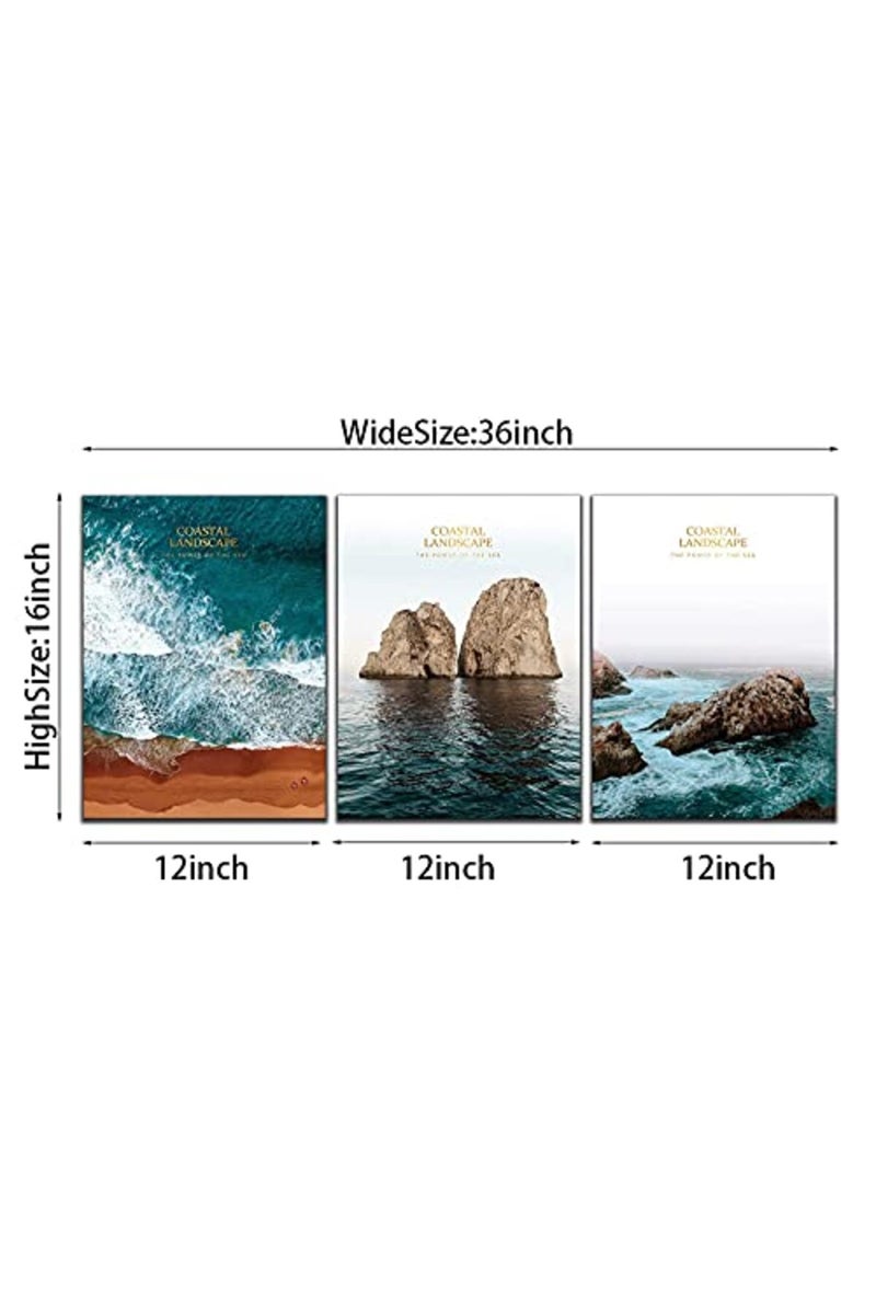 KAWAHONE Ocean Beach Canvas Wall Art, Deep Blue Ocean Beach Rock and Sea Poster Framed, Canvas Painting Printing Picture for Office Home Living Room, 12" x 16" x 3 PCS - Image 3
