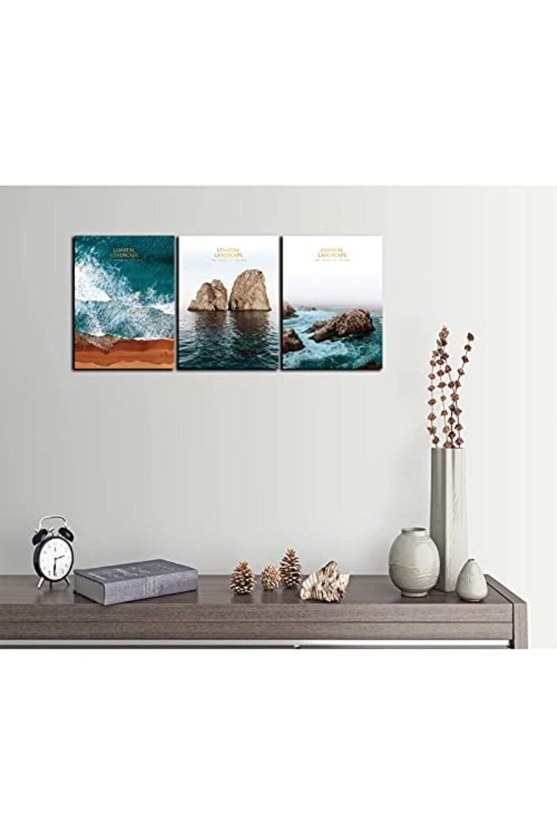KAWAHONE Ocean Beach Canvas Wall Art, Deep Blue Ocean Beach Rock and Sea Poster Framed, Canvas Painting Printing Picture for Office Home Living Room, 12" x 16" x 3 PCS - Image 5