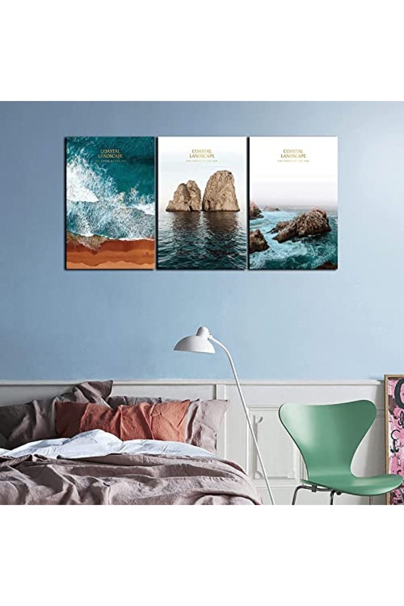 KAWAHONE Ocean Beach Canvas Wall Art, Deep Blue Ocean Beach Rock and Sea Poster Framed, Canvas Painting Printing Picture for Office Home Living Room, 12" x 16" x 3 PCS - Image 4