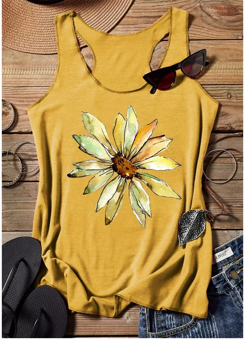 CHUNTIANRAN Womens Tank Tops Summer Boho Vacation Racerback Outfits Tops Cute Daisy Graphic Basic-Fit Camisole Shirts for Teen Girls(Yellow Daisy, Large) - Image 2