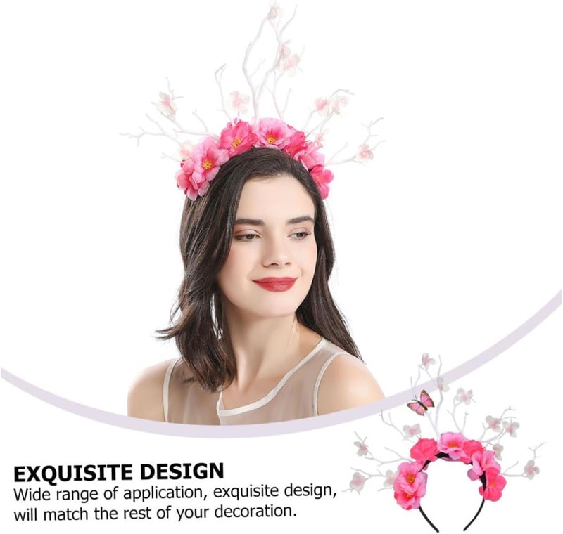 Alasum Pink Floral Butterfly Antler Headband Hair Hoop Women’s Floral Hair Accessory Oversized Decorative Hairband for Party and Festival - Image 3