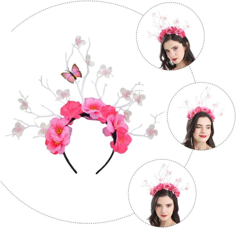 Alasum Pink Floral Butterfly Antler Headband Hair Hoop Women’s Floral Hair Accessory Oversized Decorative Hairband for Party and Festival - Image 4