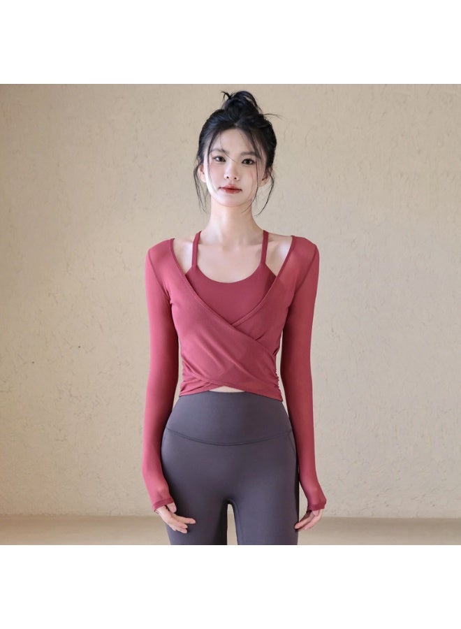 2PCS  Women's Workout Tops Long Sleeve Deep V Neck Wrap Front Yoga Shirts Breathable Active Crop Tops Female Fitness Shirts Solid - Image 1