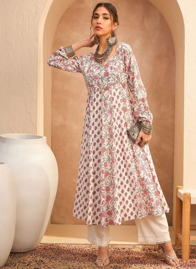SASSAFRAS Floral Printed Anarkali Kurta with Trouser for Women