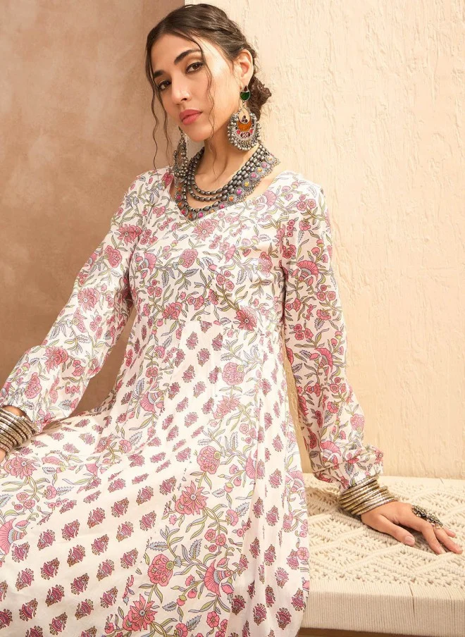 SASSAFRAS Floral Printed Anarkali Kurta with Trouser for Women