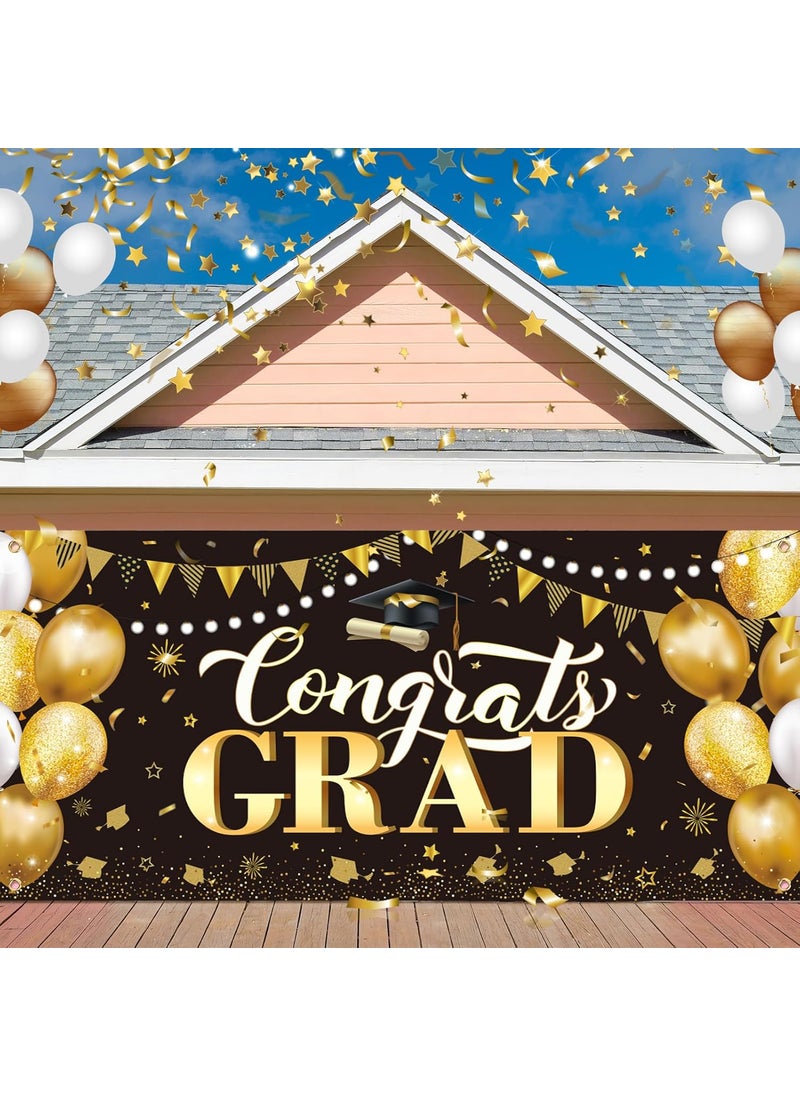 Moukeren Moukeren 2025 Graduation Garage Door Banner Congratulations Class of 2025 Garage Door Cover Backdrop Black Gold Congrats Grad Party Decoration Background 6 x 13 ft  - Image 1