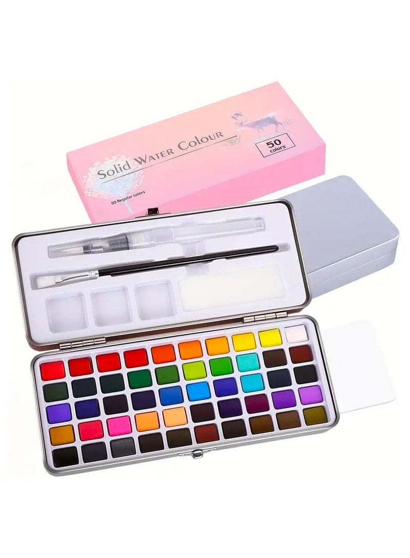 SUZZ 50-Color Watercolor Paint Set, Portable Metal Boxed Solid Pigment Supplies, Travel Watercolor Kit With Brush,Sponge And Palette,Ideal For Adults, Kids, Beginners And Professional Art Supplies - Image 1