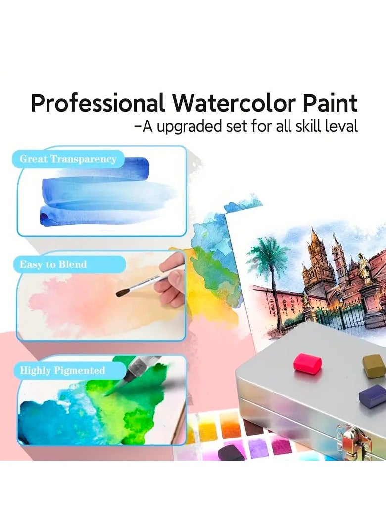 SUZZ 50-Color Watercolor Paint Set, Portable Metal Boxed Solid Pigment Supplies, Travel Watercolor Kit With Brush,Sponge And Palette,Ideal For Adults, Kids, Beginners And Professional Art Supplies - Image 5