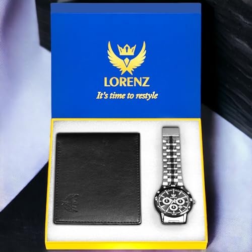 LORENZ Gift Set Combo of Black Dial Watch & Black Wallet for Men | CM-3066WL-33 - Image 2