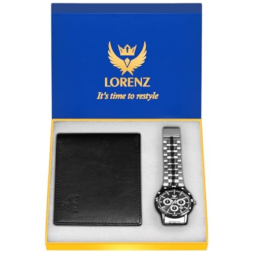 LORENZ Gift Set Combo of Black Dial Watch & Black Wallet for Men | CM-3066WL-33 - Image 1