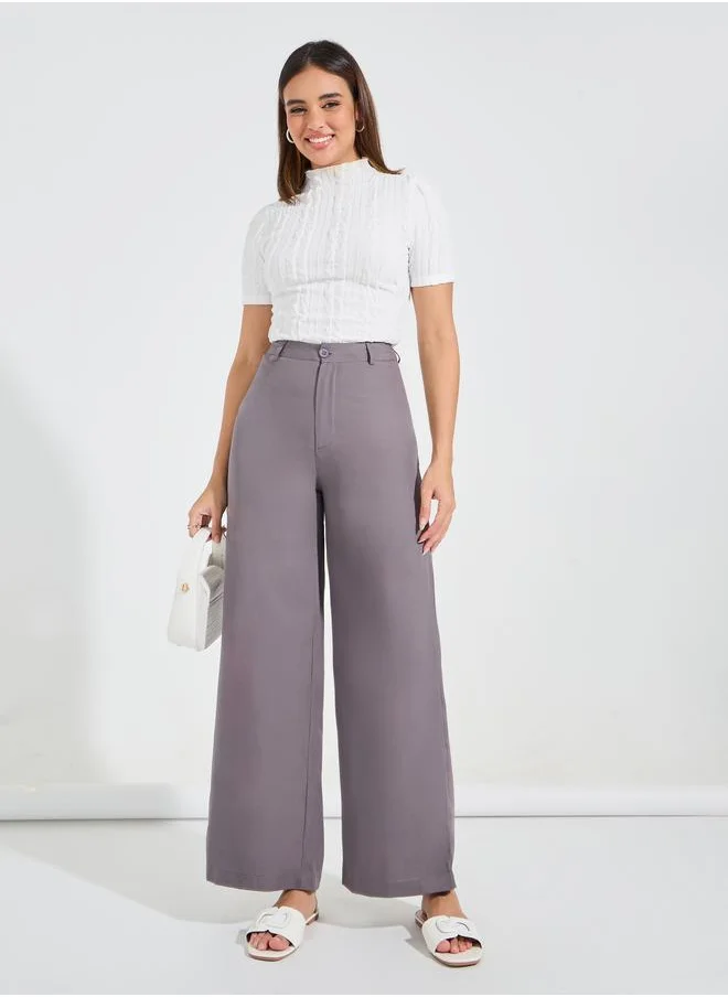 Styli Solid Straight Leg Pants with Belt Loops