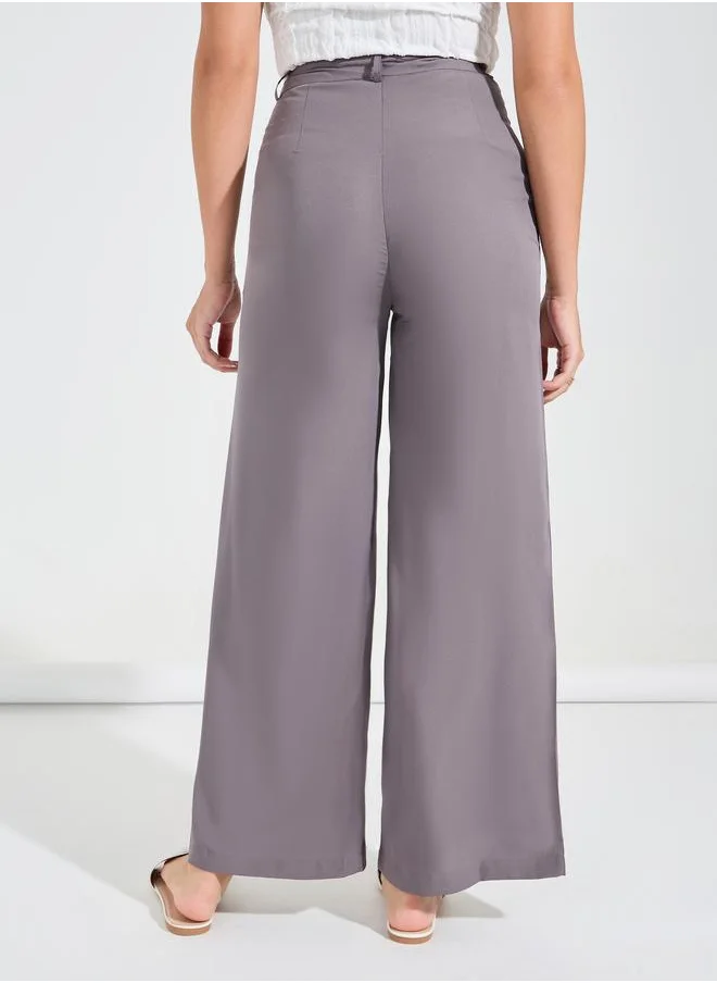 Styli Solid Straight Leg Pants with Belt Loops