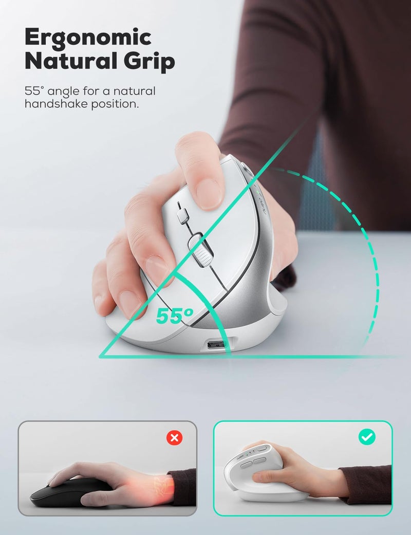 Nulea MD280 Ergonomic Vertical Wireless Mouse - Bluetooth & 2.4G Dual Mode, 4 Adjustable DPI 800/1200/1600/2400, Rechargeable, Silent Clicks, No Lag, 6 Buttons - Perfect for Laptop, Desktop White - Image 3