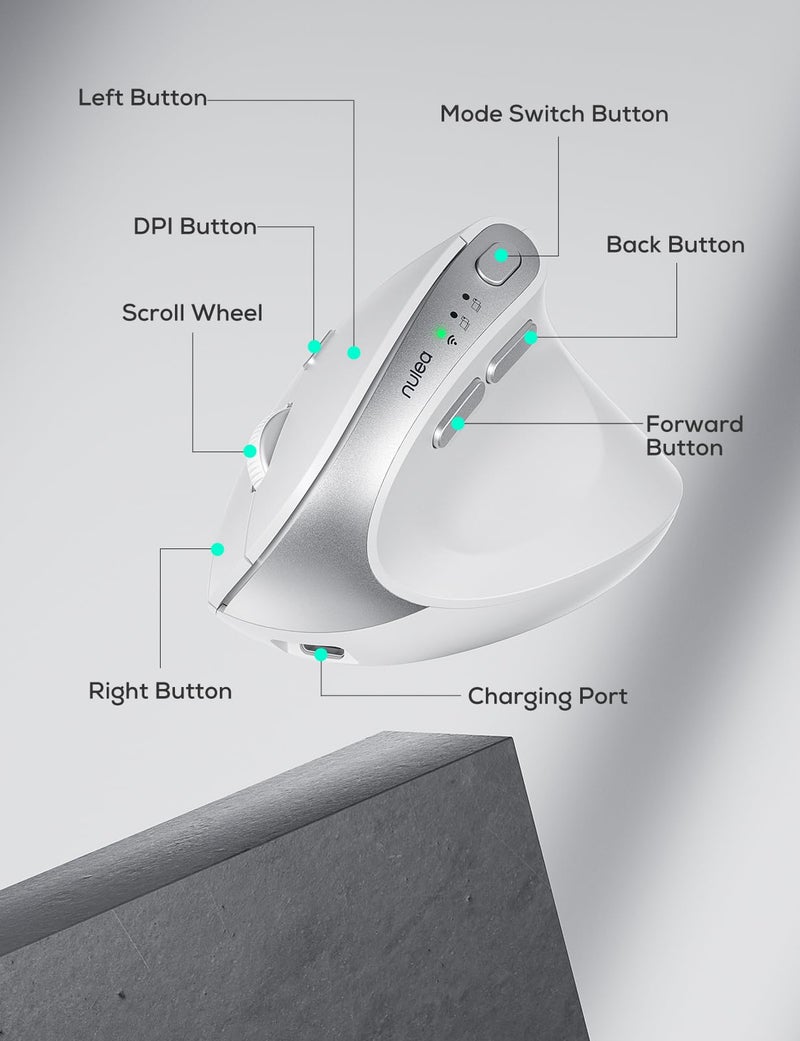 Nulea MD280 Ergonomic Vertical Wireless Mouse - Bluetooth & 2.4G Dual Mode, 4 Adjustable DPI 800/1200/1600/2400, Rechargeable, Silent Clicks, No Lag, 6 Buttons - Perfect for Laptop, Desktop White - Image 4