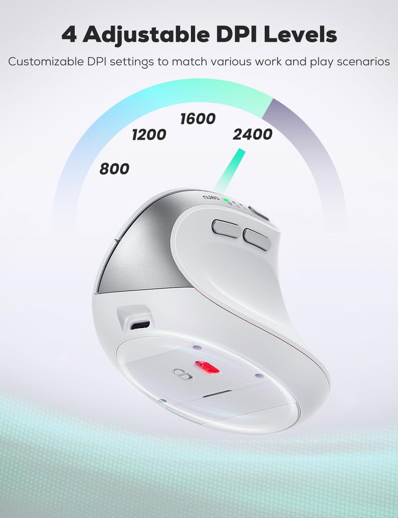 Nulea MD280 Ergonomic Vertical Wireless Mouse - Bluetooth & 2.4G Dual Mode, 4 Adjustable DPI 800/1200/1600/2400, Rechargeable, Silent Clicks, No Lag, 6 Buttons - Perfect for Laptop, Desktop White - Image 5