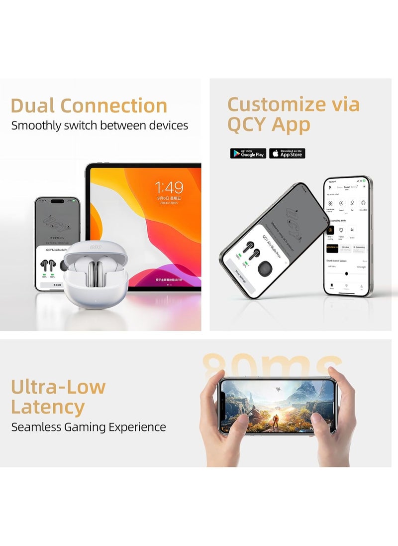 REBENUO - QCY MeloBuds Pro Adpative Active Noise Cancelling Wireless Earbuds LDAC Hi-Res Sound Bluetooth Earphones AI Call Noise Reduction 34H Playtime Multipoint Connection (White) - Image 1