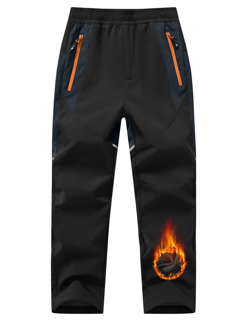 TBMPOY Kids Snow Ski Pants Boys Waterproof Fleece Lined Winter Hiking Snowboard Insulated Warm Pants Zipper Pockets Black L - Image 1