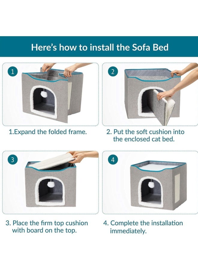 Large Indoor Cat Beds, Foldable Kitten House, Cat Cave, Small Aminal Hideawa, Condo Cat Cube for Pet Cube with Fluffy Ball Hanging - Image 4