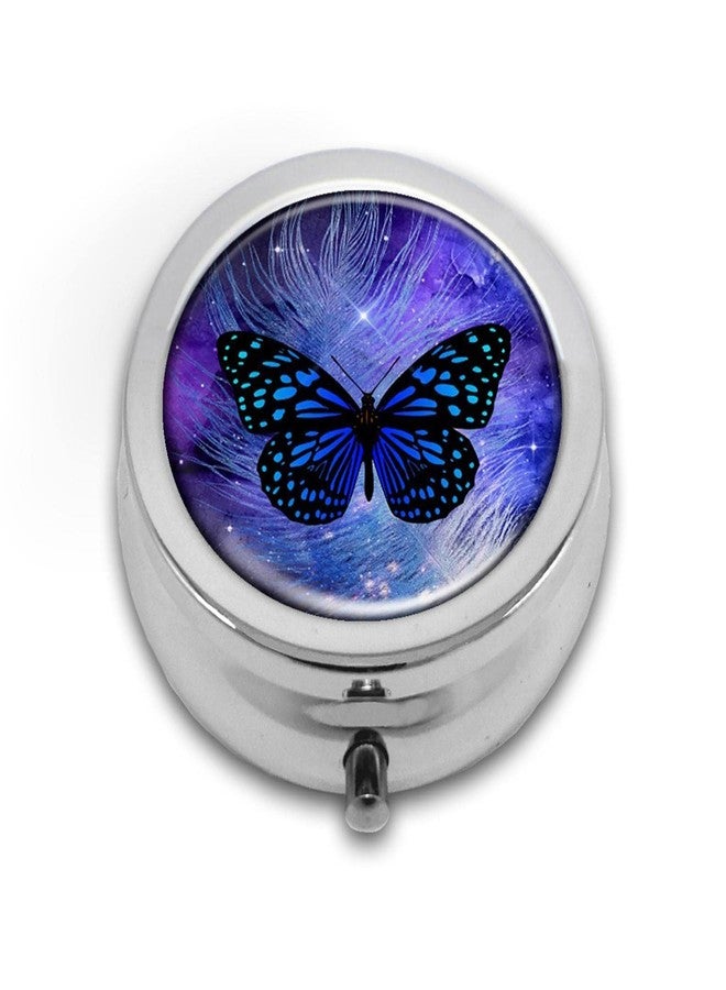 COW Pill Box,Butterfly Purple Galaxy Feather Round Pill Box 3 Compartment Decorative Pocket Purse Portable Mini Travel Medicine Tablet Vitamin Holder Organizer Pill Case - Image 1