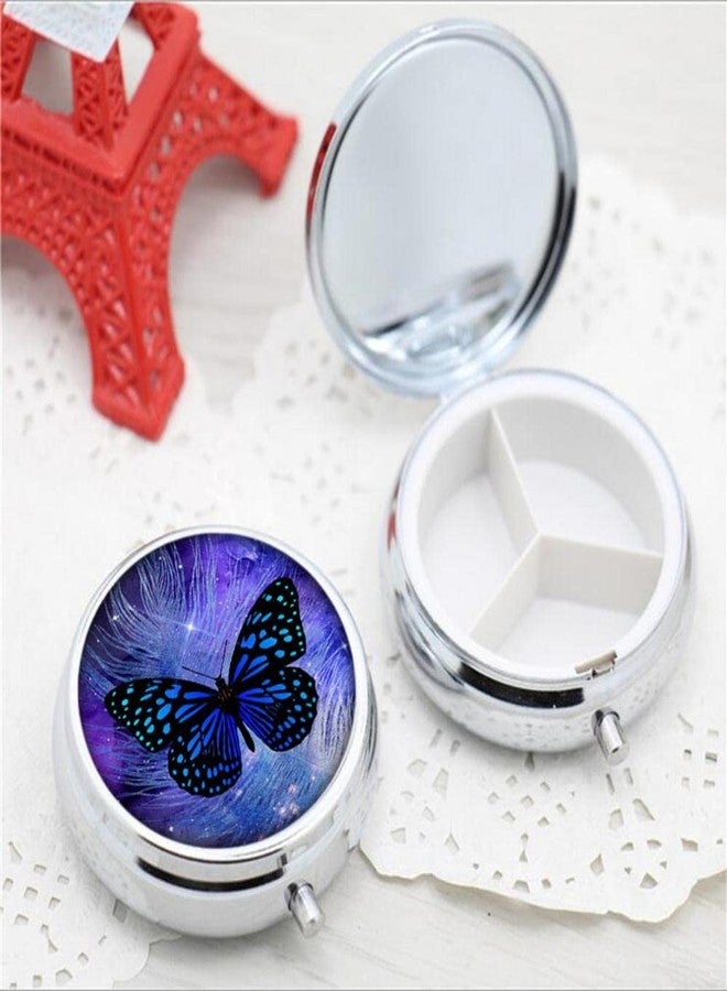 COW Pill Box,Butterfly Purple Galaxy Feather Round Pill Box 3 Compartment Decorative Pocket Purse Portable Mini Travel Medicine Tablet Vitamin Holder Organizer Pill Case - Image 2