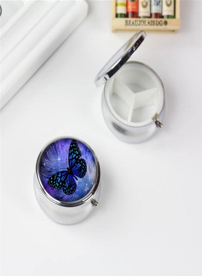 COW Pill Box,Butterfly Purple Galaxy Feather Round Pill Box 3 Compartment Decorative Pocket Purse Portable Mini Travel Medicine Tablet Vitamin Holder Organizer Pill Case - Image 3