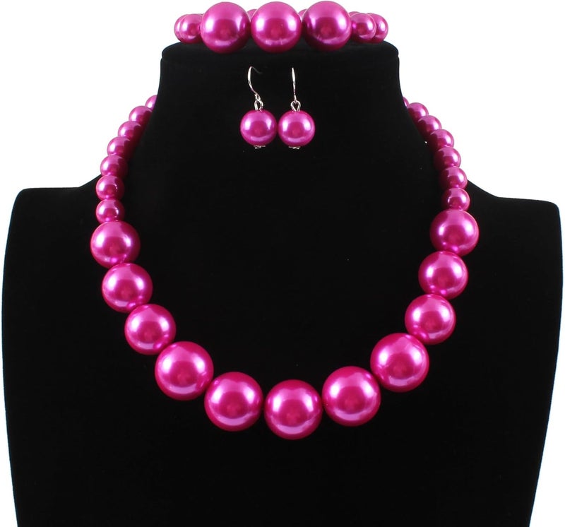 KOSMOS-LI Women's Large Big Simulated Pearl Statement 19" Necklace Bracelet and Earrings Jewelry Set Stocking Stuffers - Image 2