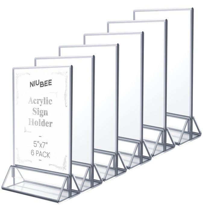 6PACK 5X7 CLEAR ACRYLIC SIGN HOLDER WITH SLIVER BORDERS AND VERTICAL STAND DOUBLE SIDED TABLE MENU HOLDERS PICTURE FRAMES FOR WEDDING TABLE NUMBERS RESTAURANT SIGNS PHOTOS AND ART DISPLAY