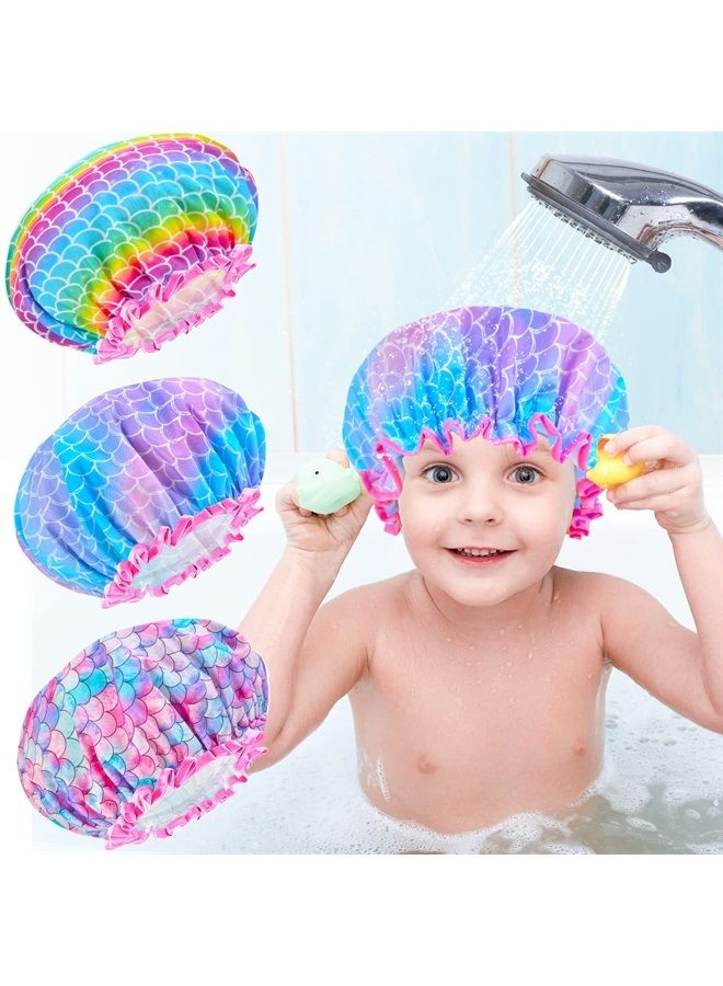 OlyPegic 3 Pack Kids Shower Cap for Girls, Bonnet Toddler Shower Cap, Double Layers Adjustable Reusable Waterproof Bathing Hair Cover for Shower Cap Hat Satin Lined Silk Cute Mermaid Washable - Image 1