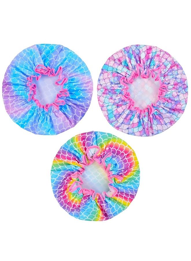 OlyPegic 3 Pack Kids Shower Cap for Girls, Bonnet Toddler Shower Cap, Double Layers Adjustable Reusable Waterproof Bathing Hair Cover for Shower Cap Hat Satin Lined Silk Cute Mermaid Washable - Image 2