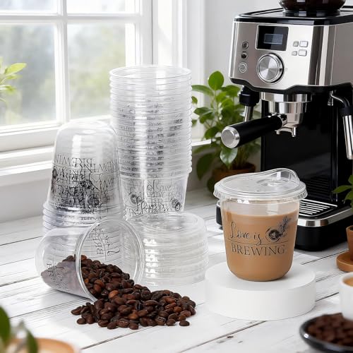 Jingmore 50 Set Plastic Round Bottom Cups with Strawless Plastic Lids Bridal Shower Coffee Drinking Cup 12oz Baby Shower Party Disposable Cups for Wedding Anniversary(Love is Brewing) - Image 4