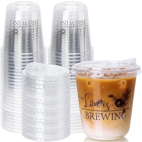 Jingmore 50 Set Plastic Round Bottom Cups with Strawless Plastic Lids Bridal Shower Coffee Drinking Cup 12oz Baby Shower Party Disposable Cups for Wedding Anniversary(Love is Brewing) - Image 1