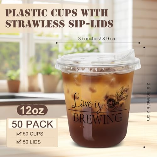 Jingmore 50 Set Plastic Round Bottom Cups with Strawless Plastic Lids Bridal Shower Coffee Drinking Cup 12oz Baby Shower Party Disposable Cups for Wedding Anniversary(Love is Brewing) - Image 2