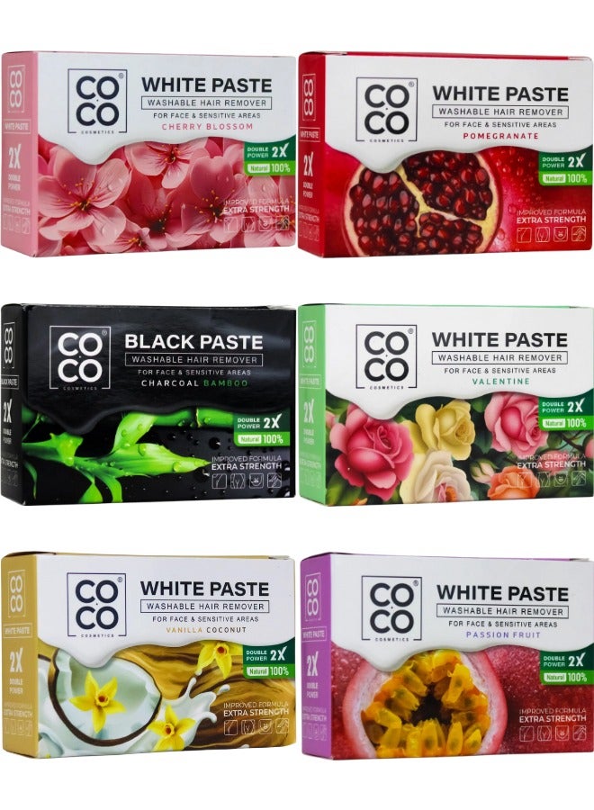 كوكو 6 قطع من شمع كوكو، مزيل شعر قابل للغسل، معجون أبيض، معجون أسود، طبيعي 100%، تركيبة محسنة بقوة إضافية مضاعفة - للوجه والمناطق الحساسة (فانيليا جوز الهند، رمان، زهر الكرز، عيد الحب، باشن فروت، فحم الخيزران) للوجه والمناطق الحساسة، 100 جرام - Image 1