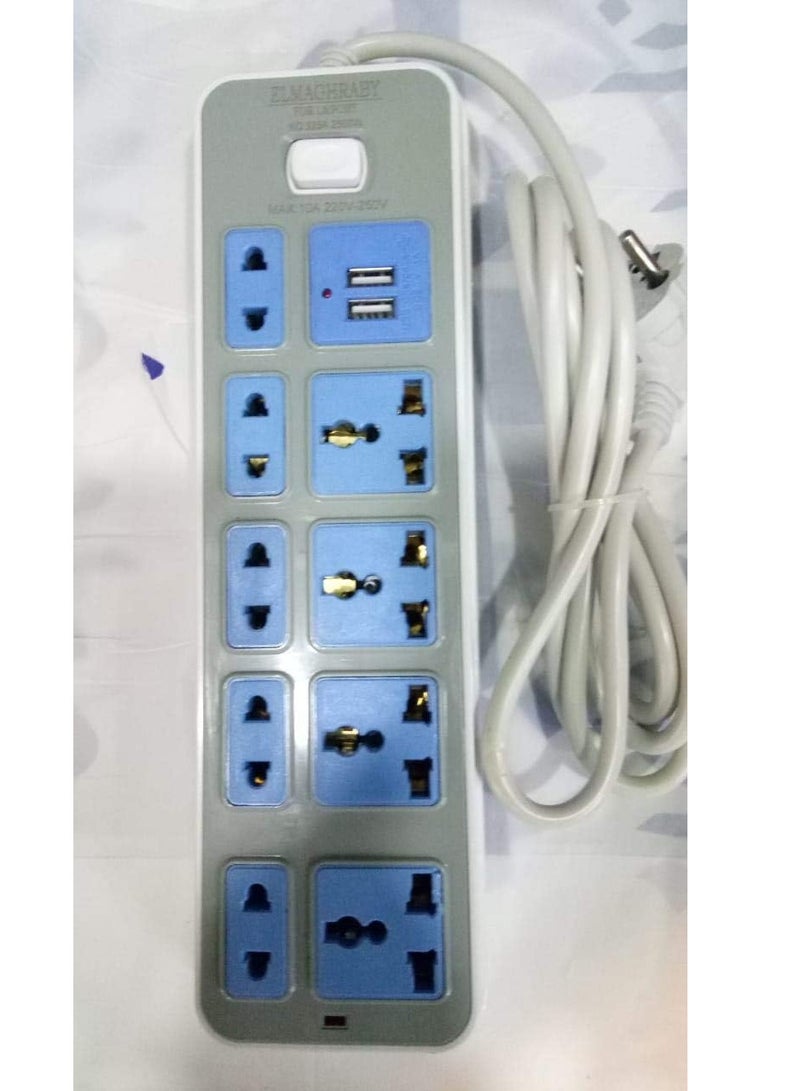 power strip - 9 slots - 2 USB DC 5V /1A -2.1A - 2m - Image 1