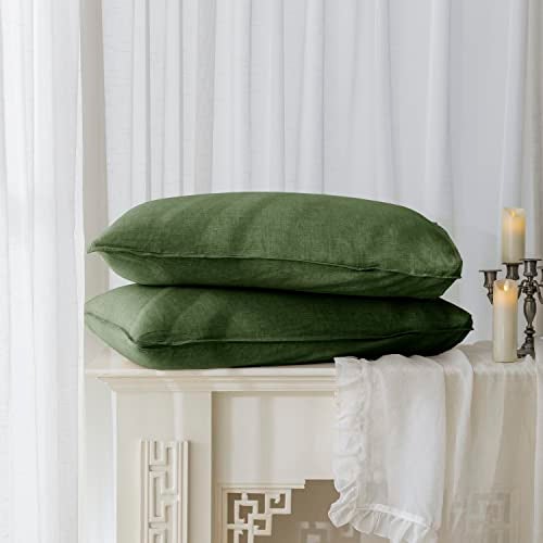 EVERLY 100% Linen Pillowcases Set of 2, Envelope Overlap Closure French Natural Washed Flax Pillowcases 20x26 inches-Mossy Green - Image 1