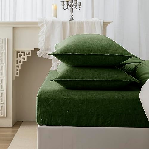 EVERLY 100% Linen Pillowcases Set of 2, Envelope Overlap Closure French Natural Washed Flax Pillowcases 20x26 inches-Mossy Green - Image 3