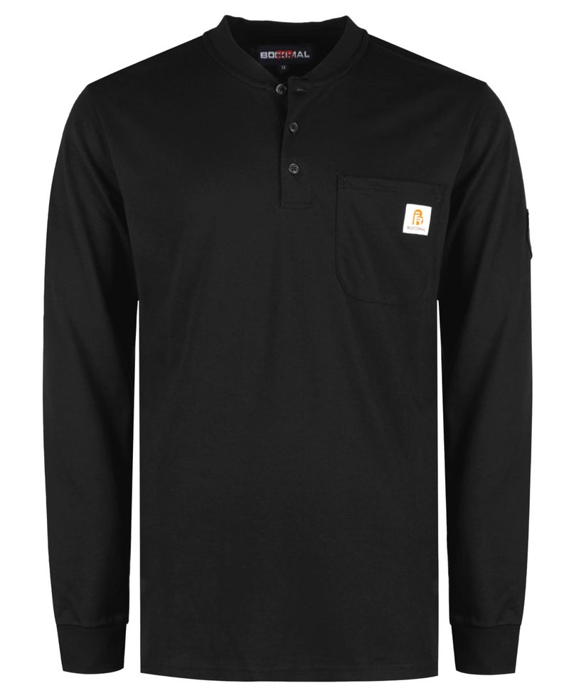 BOCOMAL FR Men's 7oz NFPA2112/CAT2 Flame Resistant Long Sleeve Henley Shirt - Black