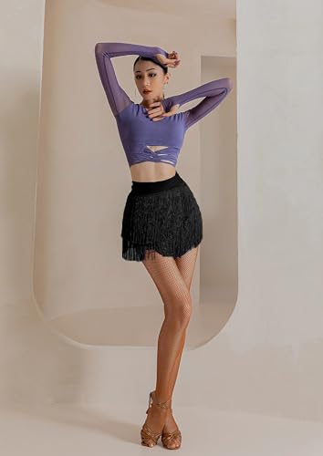 ELLYDOOR Fringe Dance Skirts for Women Teens Ballroom Latin Pencil Wrap Skirt Festive Rave Mini Skirt Black - Image 2