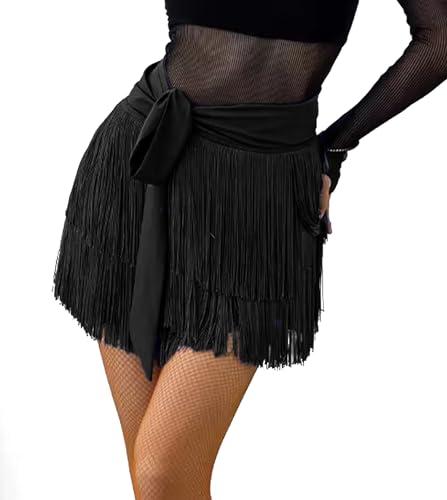 ELLYDOOR Fringe Dance Skirts for Women Teens Ballroom Latin Pencil Wrap Skirt Festive Rave Mini Skirt Black - Image 1