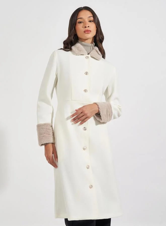 Styli Regular Fit Buttoned Wool Like Coat with Faux Fur Trim