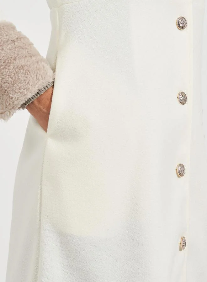 Styli Regular Fit Buttoned Wool Like Coat with Faux Fur Trim