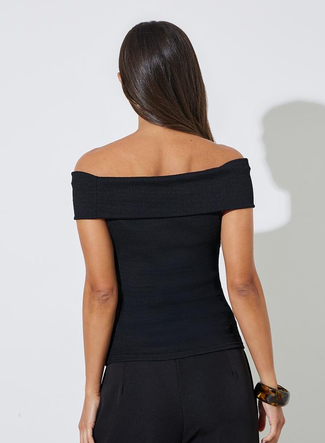 Styli Black Solid Off-Shoulder Ribbed Knit Top - Image 4
