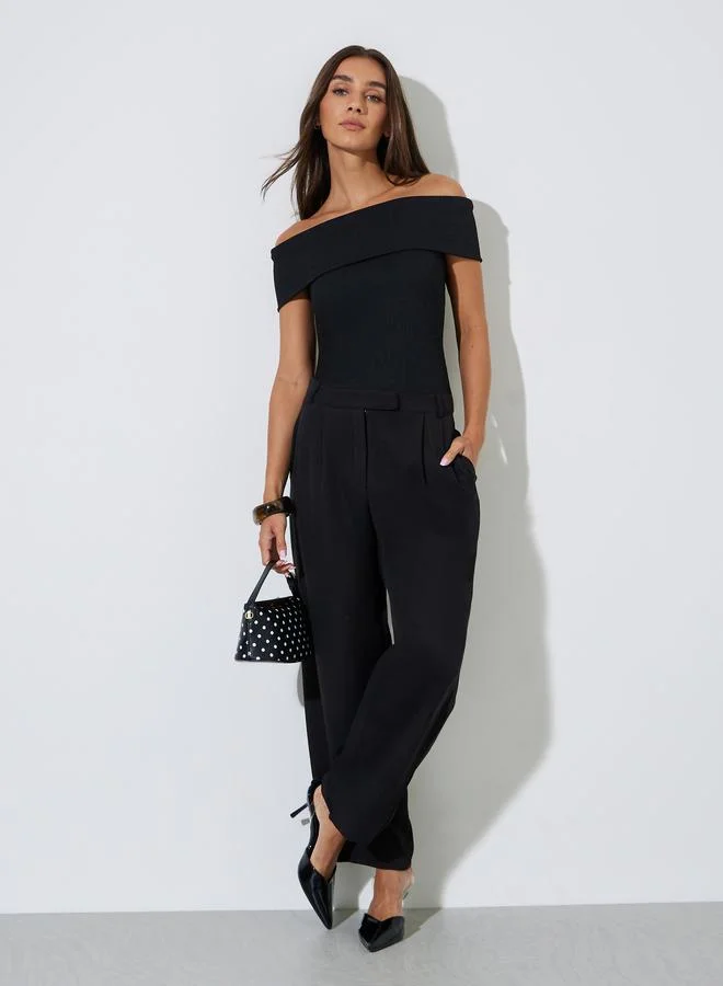 Styli Black Solid Off-Shoulder Ribbed Knit Top