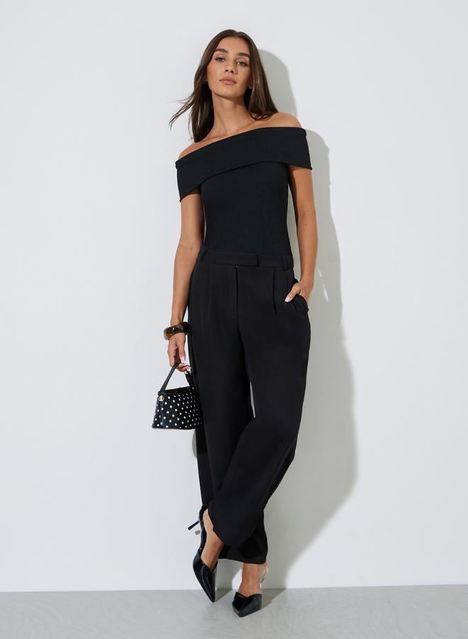 Styli Black Solid Off-Shoulder Ribbed Knit Top - Image 2