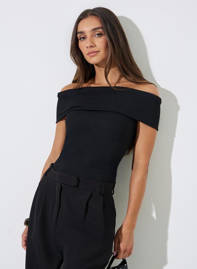 Styli Black Solid Off-Shoulder Ribbed Knit Top - Image 1
