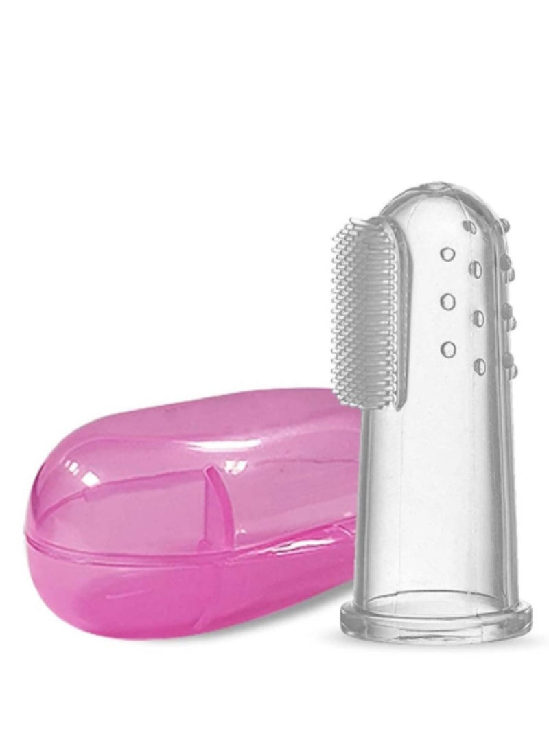 فرشاة أسنان للأطفال الصغار للتدريب على التسنين - فرشاة أسنان ناعمة للأطفال الرضع وفرشاة تنظيف الفم وتدليك لتدريب طفلك على عادات الفم الصحية مع حقيبة سفر وردية اللون - Image 1